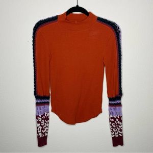 Free People Mock Neck Crochet  Knit Sleeve Sweater Cuff Waffle Knit Thermal Top